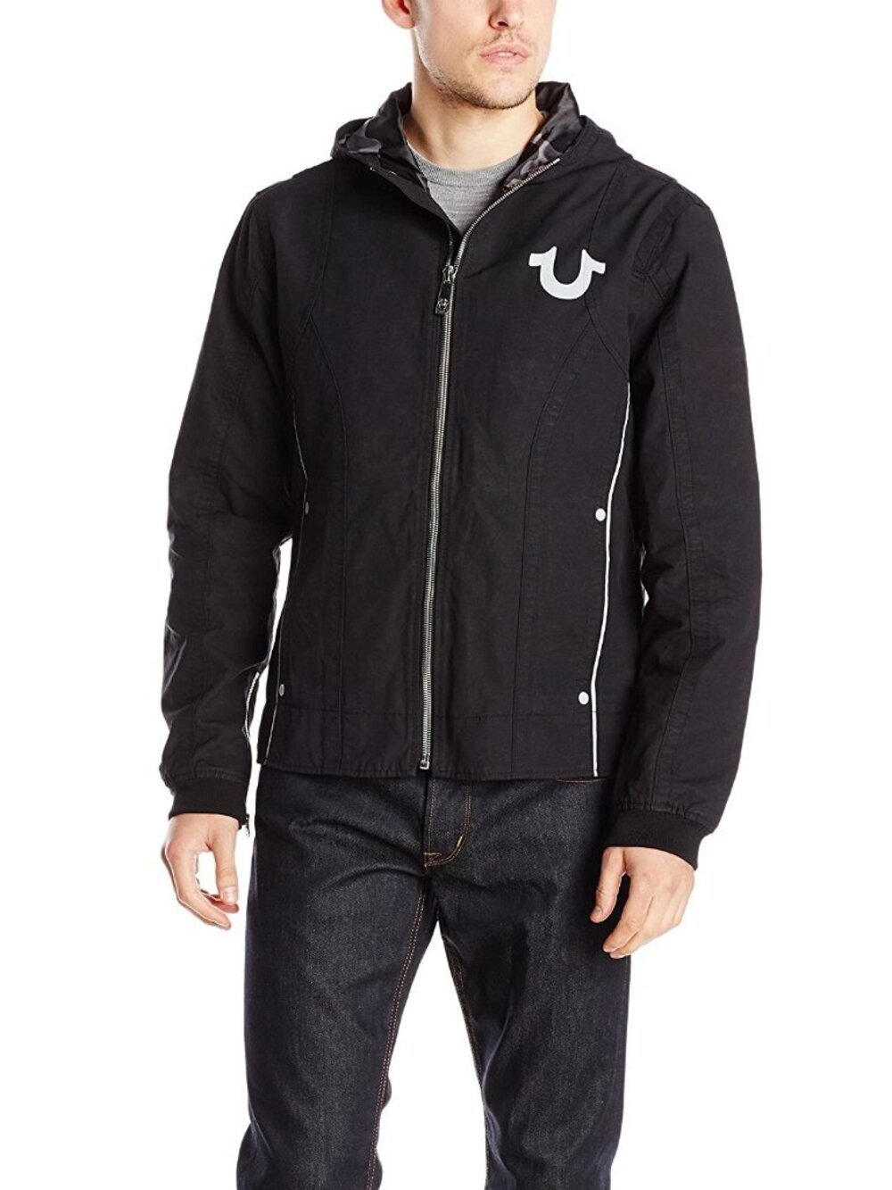 True Religion Black Hooded Reflective Moto Jacket Jet Black MC431TF1 Size 3XL